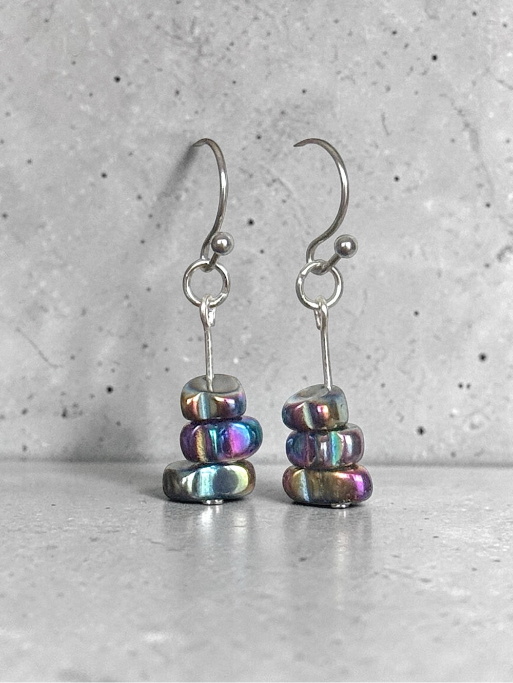 5 For $25💫Iridescent Hematite Stack Bead Drop Earrings - Silver Hooks